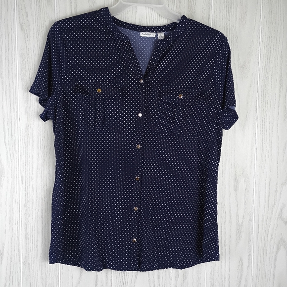 croft & barrow Tops - Croft & Barrow size L button up black top w white dots short sleeve blouse